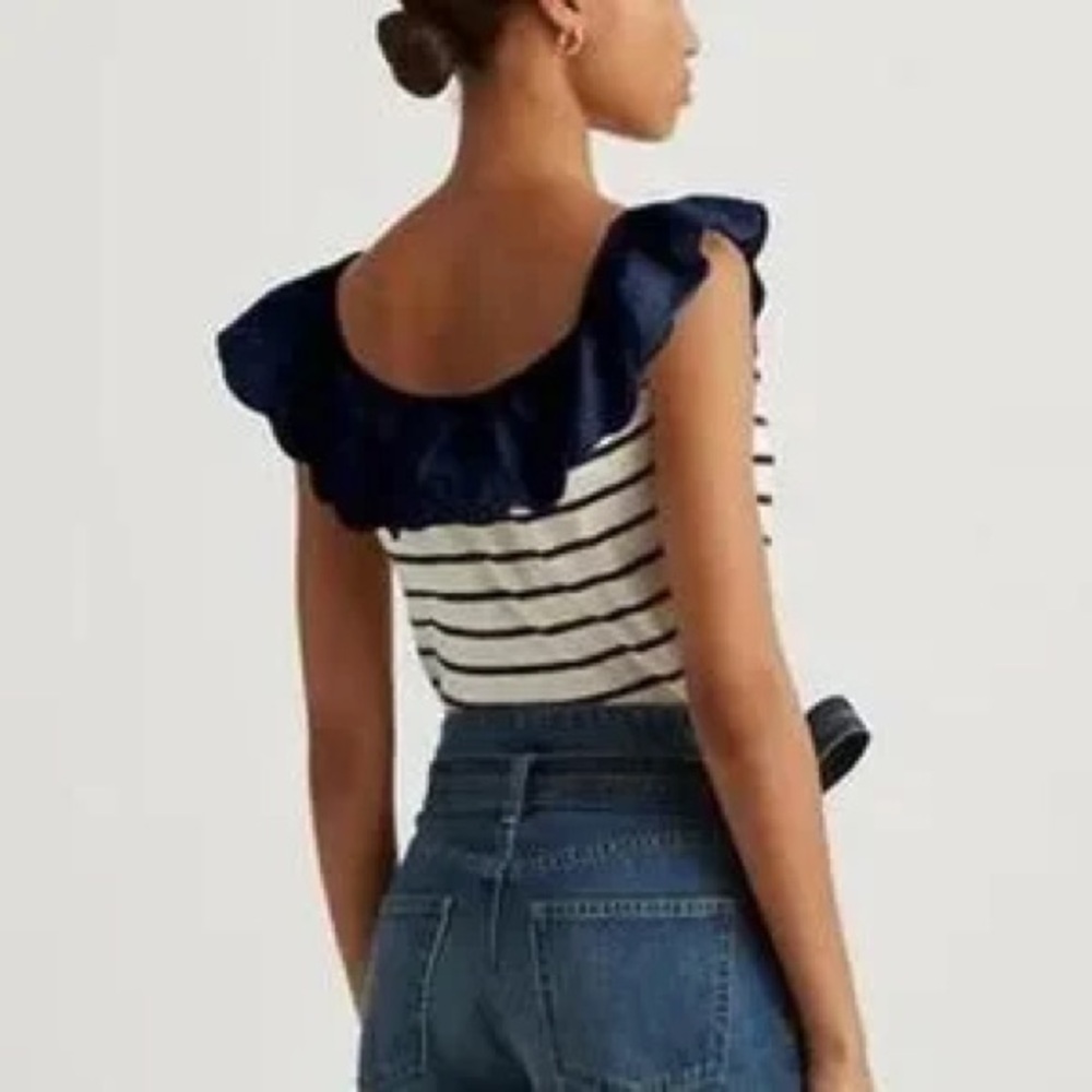 Ralph Lauren Striped Eyelet Ruffle Top Navy and White, size M